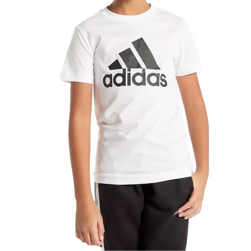 ADIDAS Boys Size 10-12 Medium White with Black Logo Short Sleeve Tee Shirt